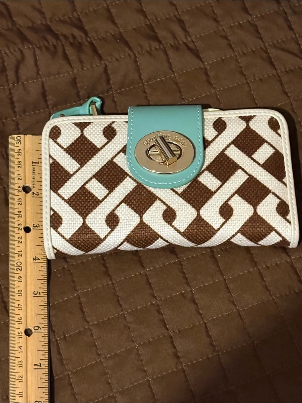Spartina 449 Brown & White Pattern Wallet with Aqua Snap